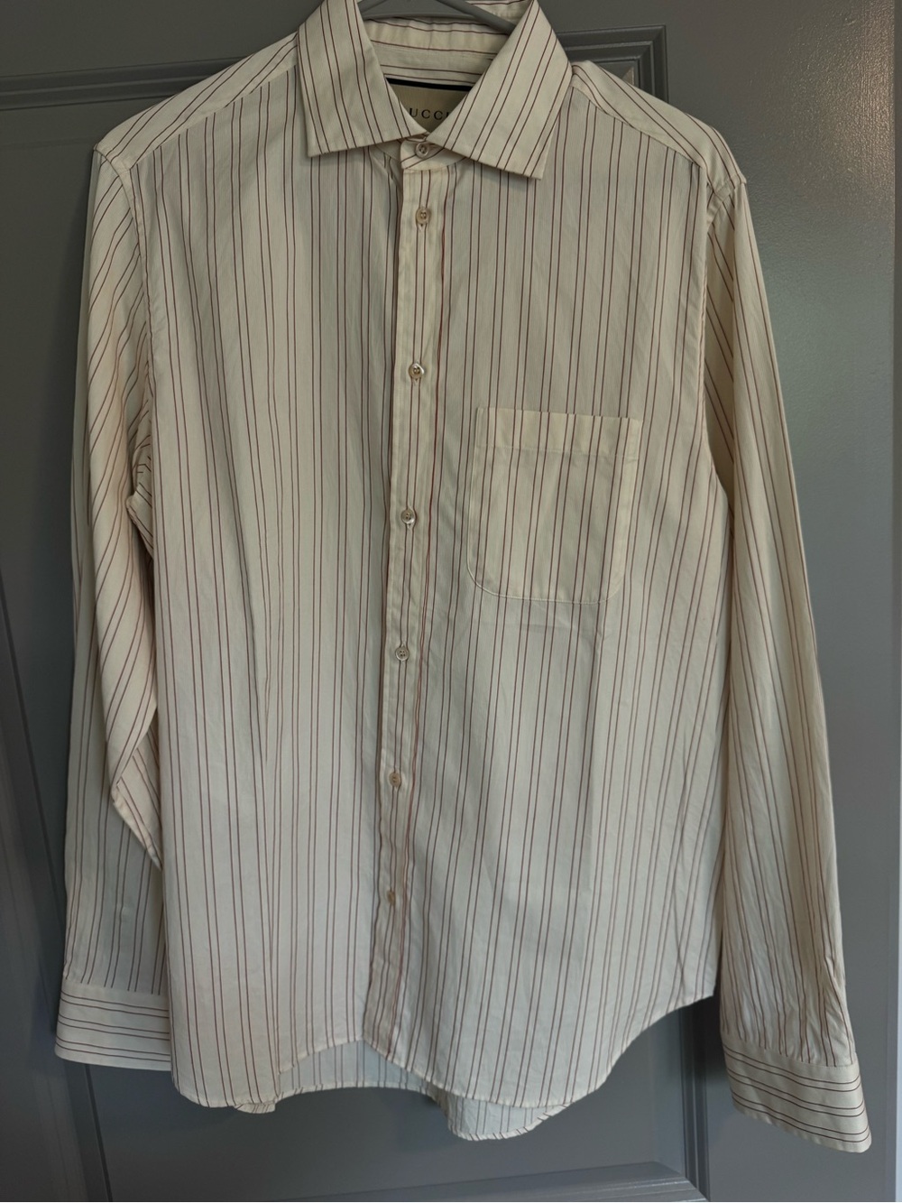Gucci Cream Long-Sleeve Dress Shirt with Red Pinstripes size M
